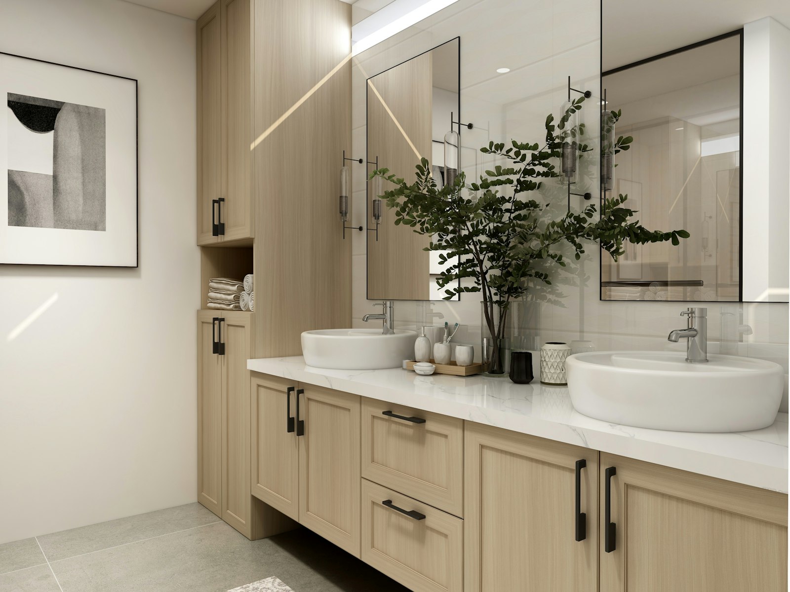 Modern bathroom vanity with twin vessel sinks and chrome fixtures