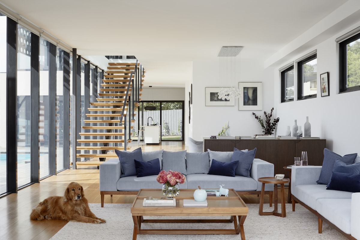 Living room with floating staircase